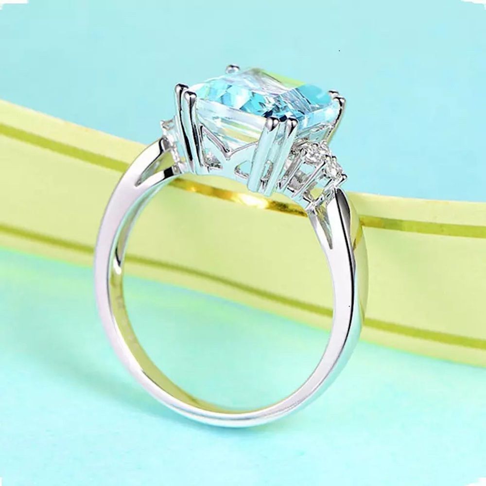 ❤️062❤️ 925 Sterling Silver Aquamarine Gemstone Diamond Ring - Picture 8 of 16